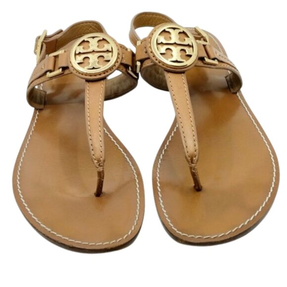 TORY BURCH~Everly~TAN LEATHER GOLD REVA LOGO FLAT THONG SANDALS SHOES~SIZE 10 - Picture 3 of 7